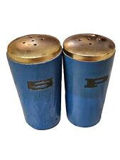Mid Century Modern Vintage Wood Salt Pepper Shaker Set Blue Atomic Copper Tops picture