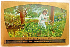 1909 Vintage Post Card: With Fond Remembrance: Woman Picking Flowers picture