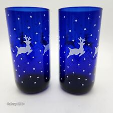 Vintage Libbey Cobalt Blue Reindeer Glasses Set of 2 Snow 6