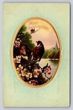 Early 1900s Embossed PC 2 Birds on Flower Branch River Distant Castle or Steeple picture