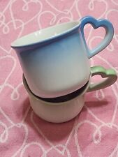 Vandor 1980 Creamic Heart Handled Mugs 1 Green 1 Blue Valentine's Fun picture