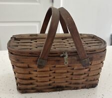 Antique Hinged Splint Wood Gathering Basket Farmhouse Rustic Nails Patina 6x9” picture