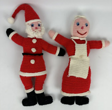 Vintage Hand Made Yarn Knit Crochet Santa and Mrs. Claus Christmas Dolls picture