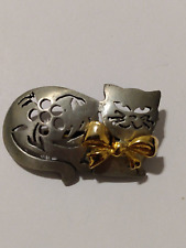 Pewter Gray Cat Gold Tone Bow Ribbon Ultra Craft Lapel Pin picture