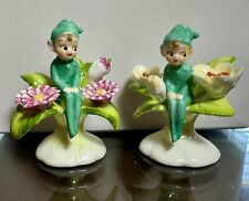 Pair Of Adorable Vintage Napcoware Pixie Flower Month Bone China Elf Figurines picture