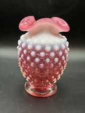 Vintage Fenton 4” Cranberry Opalescent Hobnail Ruffled Top Mini Bud Vase picture