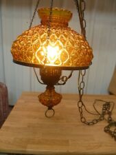 Vintage Mid Century Modern Amber Hurricane Glass Hanging Swag Light Lamp picture