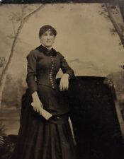C.1880s Tintype Beautiful Woman W Tight Corset Holding Scroll Standing T71 picture