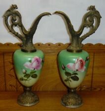 Pair Of Antique Floral Painted Glass & Metal Ewer Garnitures - 15 1/4