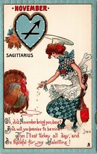 Zodiac Sagittarius Dwig Tuck Postcard November Lady Feeding Turkey JA2 picture