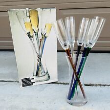 HANDBLOWN ArtLand Flute Champagne Glasses Set of Six Long Multi-Color Stems NIB picture