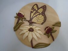 Vtg Hand Carved Wood Butterfly White Flower Signed Wall Art Plaque 9”Circle OOAK picture