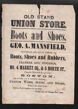 1800's Broadside Old Stand Union Store Boots and Shoes Market Square Boston picture