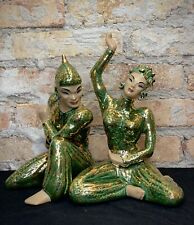 Vintage Balinese Dancer Figures Ceramic Yona Mid Century Green & Gold MCM 1950’s picture