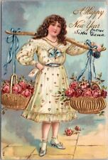 1907 HAPPY NEW YEAR Embossed Postcard Girl with Gold Flower Baskets / Pink Roses picture