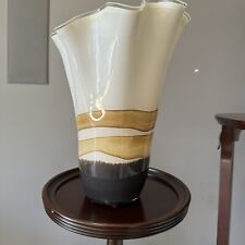 Vtg Josefina Krosno Hand Made Glass Ruffled Edge Cream Brown  Two Vase 14 picture