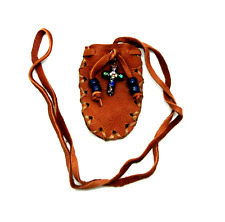 Native American Brown Deerskin Leather Pouch, Blue Glass Cross Pendant, #641B picture