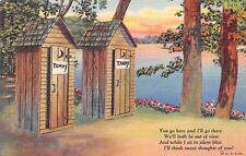 C4390 You go here and I'll go there Outhouses C T Privy Card 1938 Teich Linen PC picture