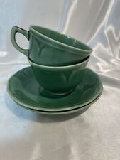Vtg Green Painted Pottery Cup & saucer set, 2 Sets approx 6oz. Marked USA picture