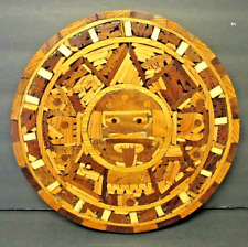 Wooden Inlaid Aztec Calendar Hand-Carved 11 1/2