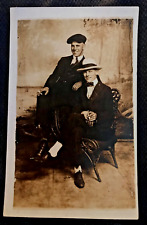 Antique Real Photo Postcard  2 Handsome DAPPER MEN seated, HATS smoking c.1900's picture
