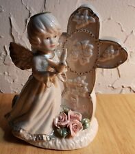 Angel Porcelain guardian with Cross Holding a Dove with Roses inspirational picture