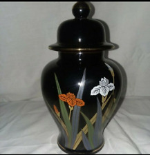 Vintage Black Otagiri Ginger Jar with Lid Foral and Foliage Asian Made In Japan picture
