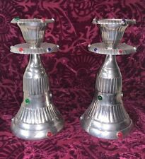Silver Tone Art Deco / Renaissance Style Candlesticks With Glass Cabochon Jewels picture