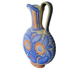 Vintage Mexican Tonala Unglazed Pottery Floral Vase Pitcher Hand Painted 12.5