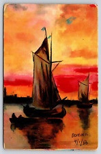 Postcard Hand Tinted Boats Sunset Scene Signed Dominic Asian Sunset China Asia picture