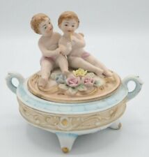 Antique Victorian Painted Bisque Cherub Covered Footed Decorative Bowl Dish🔥 picture