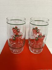 Vtg. Pr. Christmas Glass 10oz. Tumblers Sleigh Full Of Presents Red & Green picture