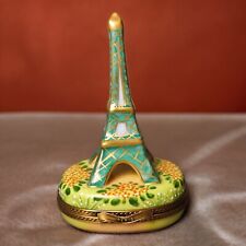 French Limoges Peint Main Porcelain Eiffel Tower Flowers/Ferry Boat Trinket Box picture