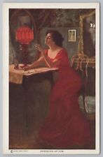 Artist Signed~Alfred James Dewey~Dreaming Of Him~Photo~Red Lamp~Vintage Postcard picture