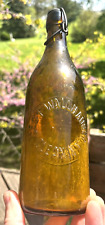 NICE AMBER BLOB BEER BOTTLE GEOF. WALLHAUSER OLEAN, NY W/STOPPER 1890'S ERA L@@K picture