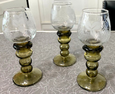 3 GERMAN Olive Green Hollow Stem ROEMER Rhine Wine Glasses Goblets picture