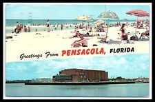 Pensacola FL Postcard Greetings Dual View White Sands Beach and Auditorium pc275 picture