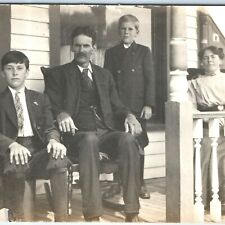 1910s Family on Porch RPPC Real Photo Postcard Handsome Gentleman Boys House A1 picture