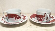 Set of 2 Neiman Marcus Cappuccino Cups & Saucers Asian Peking Peacock Red White picture