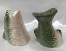 Vtg Large Mouth Bass Fish Salt $ Pepper Shakers Stoppers Ceramic Green 2.5