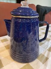 Vintage Large Blue Speckled Enamelware Camping Coffee Pot Percolator Glass picture