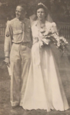 5B Photograph Cute Couple Just Married Wedding Day Dress Woman Military Man 40's picture