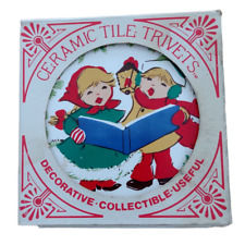 Vintage Jasco Ceramic Tile Trivets Set Christmas 2pk Original Box 1982 Boy Girl picture