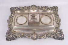 Ornate Antique Victorian Era Mixed Metals Silverplate Partner Desk Inkwell Stand picture