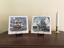 Vintage PAIR Nautical Ceramic TILES THE MAYFLOWER & WHALING SHIP in Blue & Aqua picture