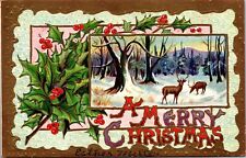 Antique Merry Christmas Postcard Reindeer Holly Posted Divided Back Embossed 9K picture