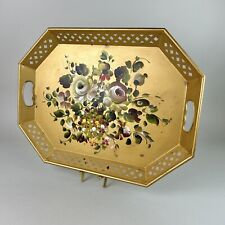 Vintage Nashco Products Hand Painted Floral Metal Tray Gold Octagon Handles NY picture