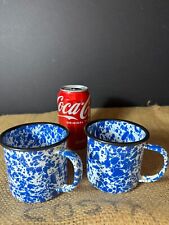 Vintage Pair Blue Swirl Enamelware Spatterware Cup Mug Mugs Very Nice picture