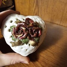 Vintage Heart Shaped Lattice Porcelain Oversized 6” Trinket Box picture