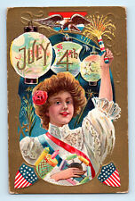 4th Of July Patriotic Fireworks Firecracker Eagle Lady Chinese Lantern Postcard picture